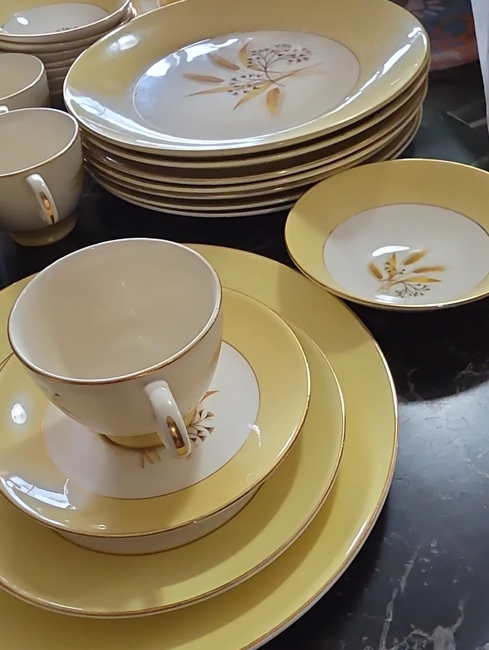 Yellow and White Floral Dinnerware with Gold Trim Accents